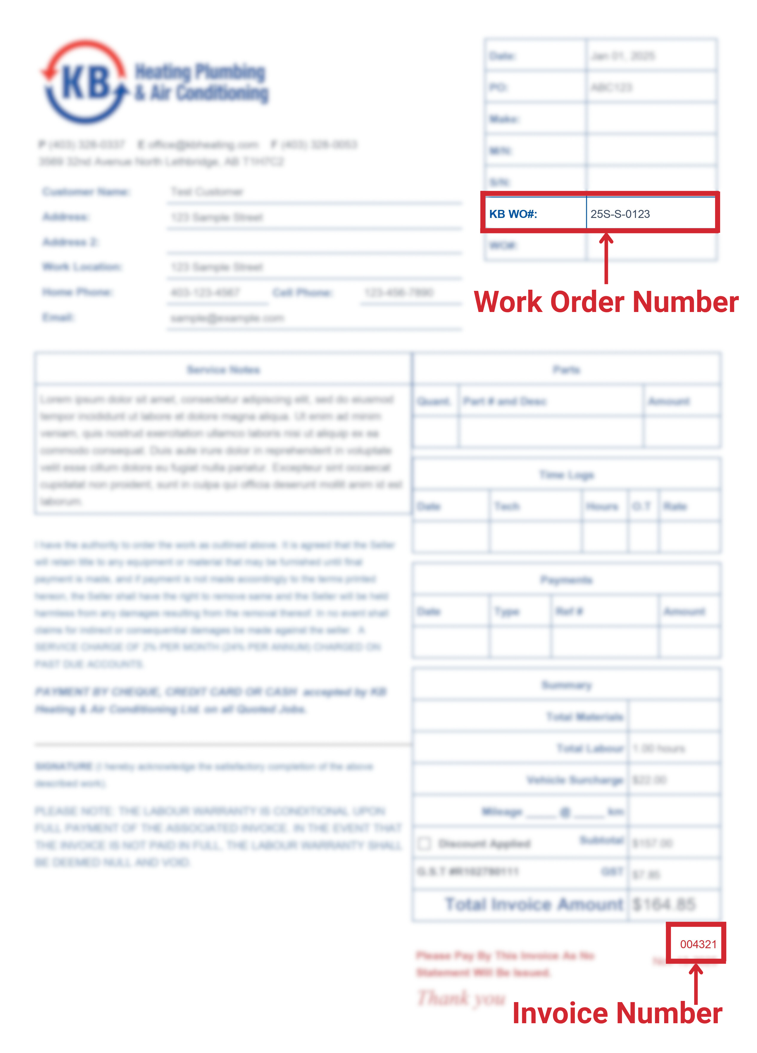 Invoice guide showing where to find Work Order Number and Invoice Number